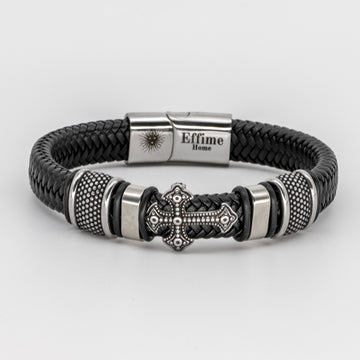 Stainless Steel Cross Black Leather Braid Bracelet
