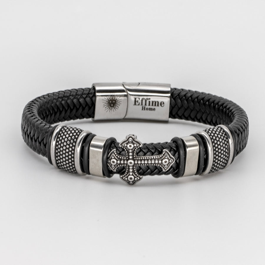 Stainless Steel Cross Black Leather Braid Bracelet