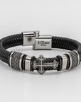 Stainless Steel Cross Black Leather Braid Bracelet