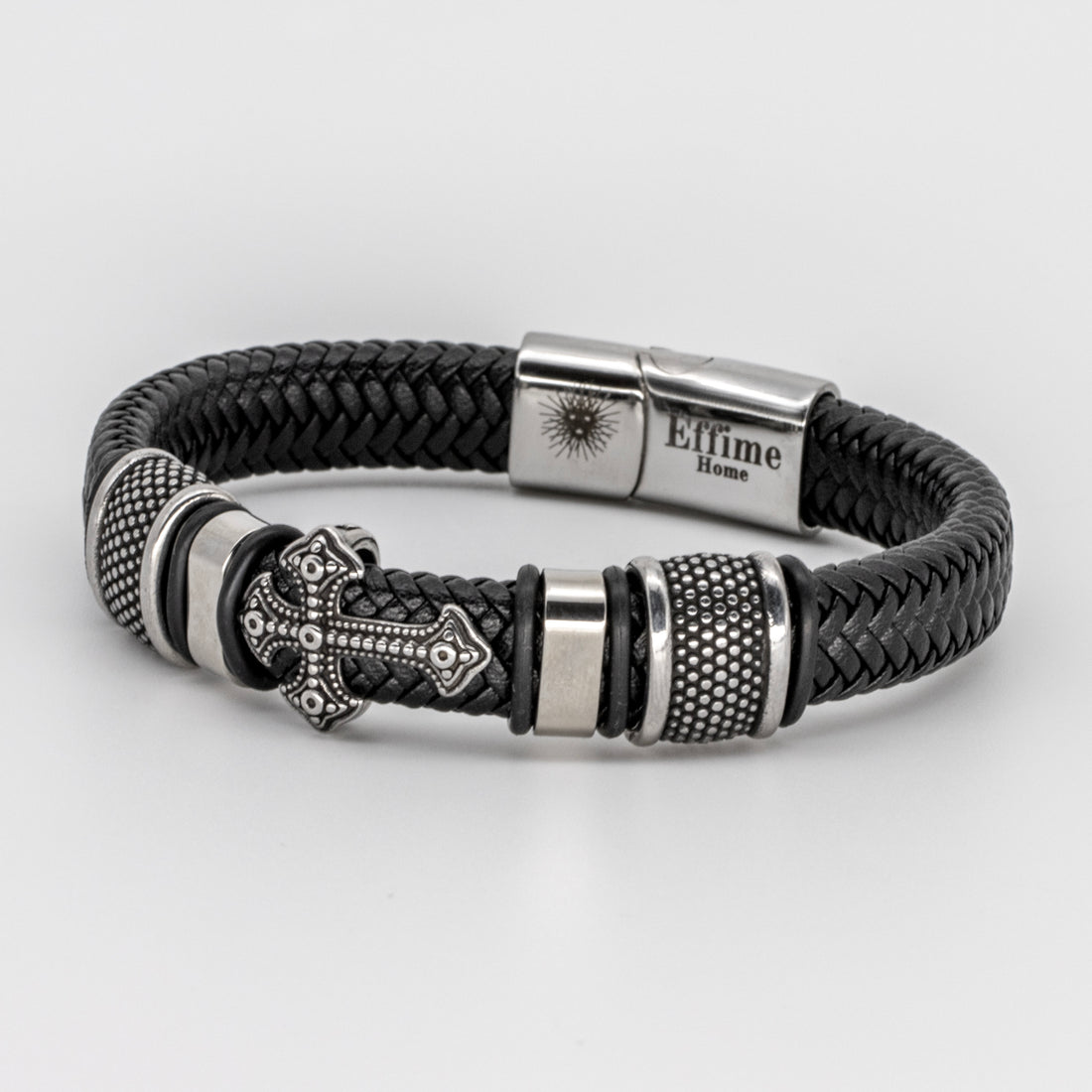 Stainless Steel Cross Black Leather Braid Bracelet