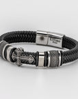 Stainless Steel Cross Black Leather Braid Bracelet