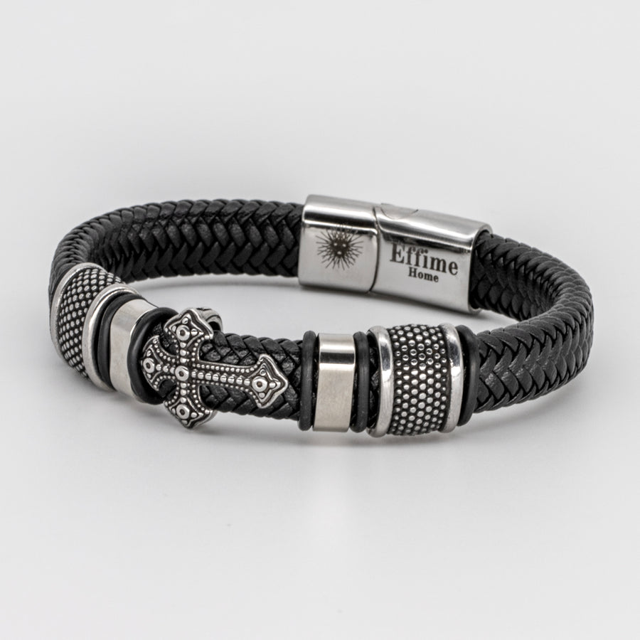 Stainless Steel Cross Black Leather Braid Bracelet