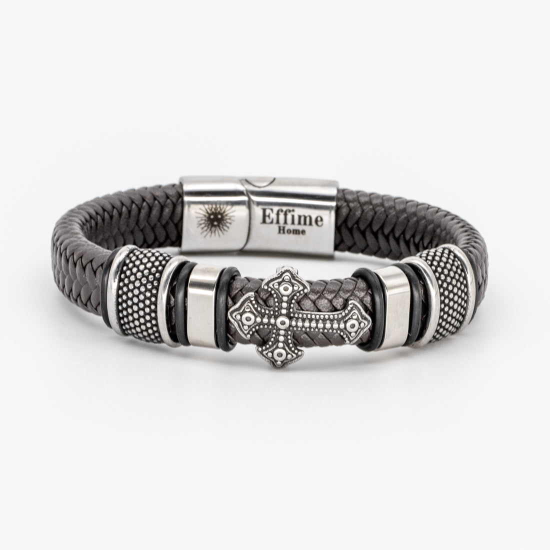 Stainless Steel Cross Brown Leather Braid Bracelet
