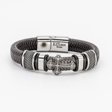 Stainless Steel Cross Brown Leather Braid Bracelet
