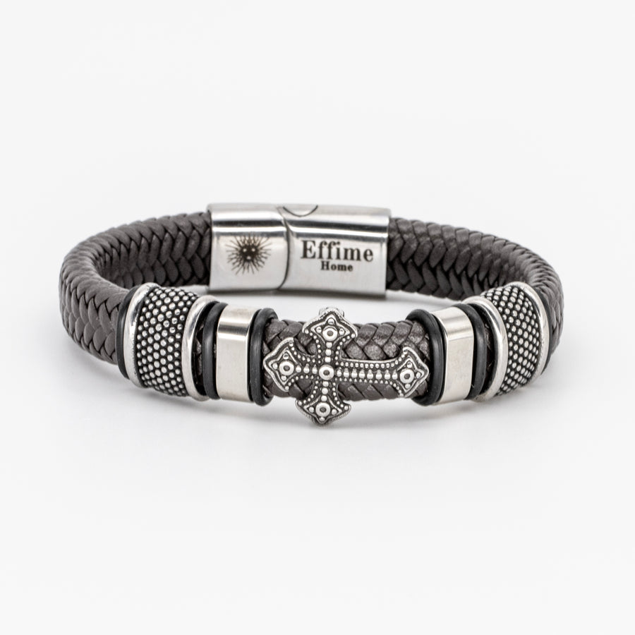Stainless Steel Cross Brown Leather Braid Bracelet