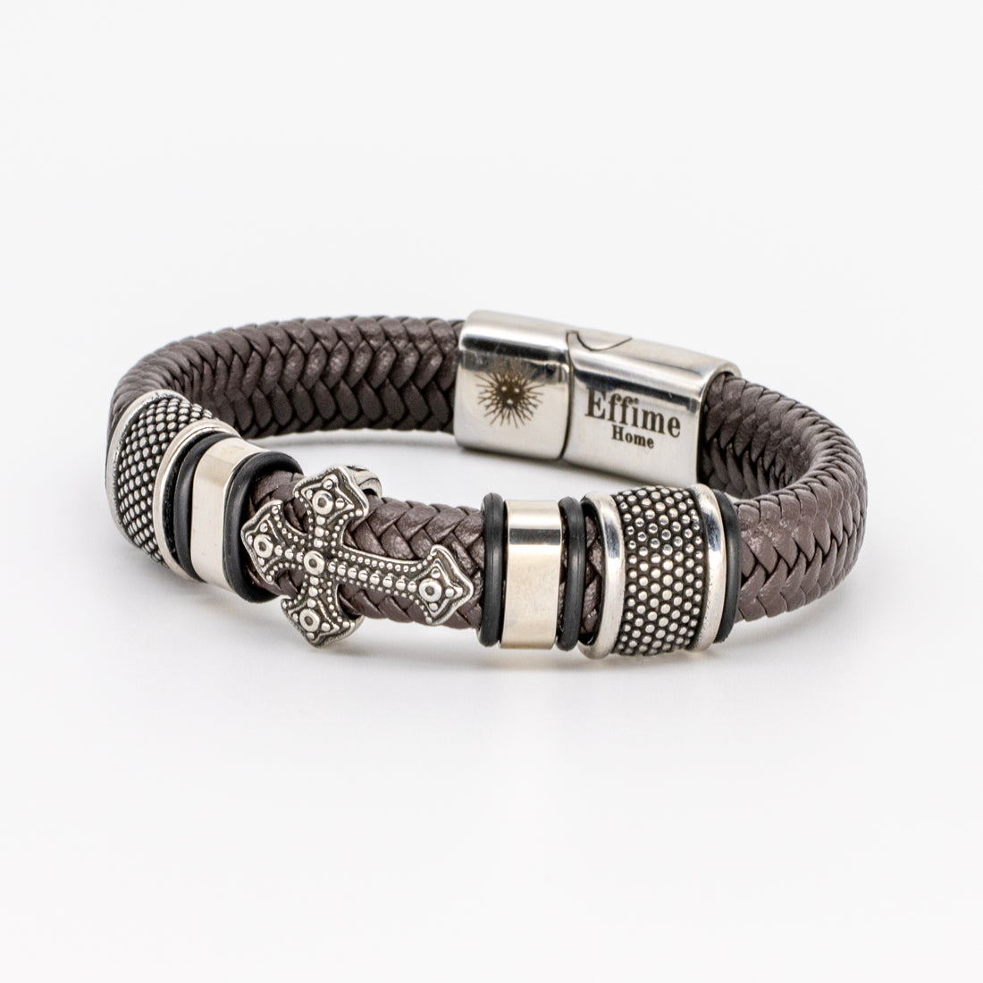 Stainless Steel Cross Brown Leather Braid Bracelet