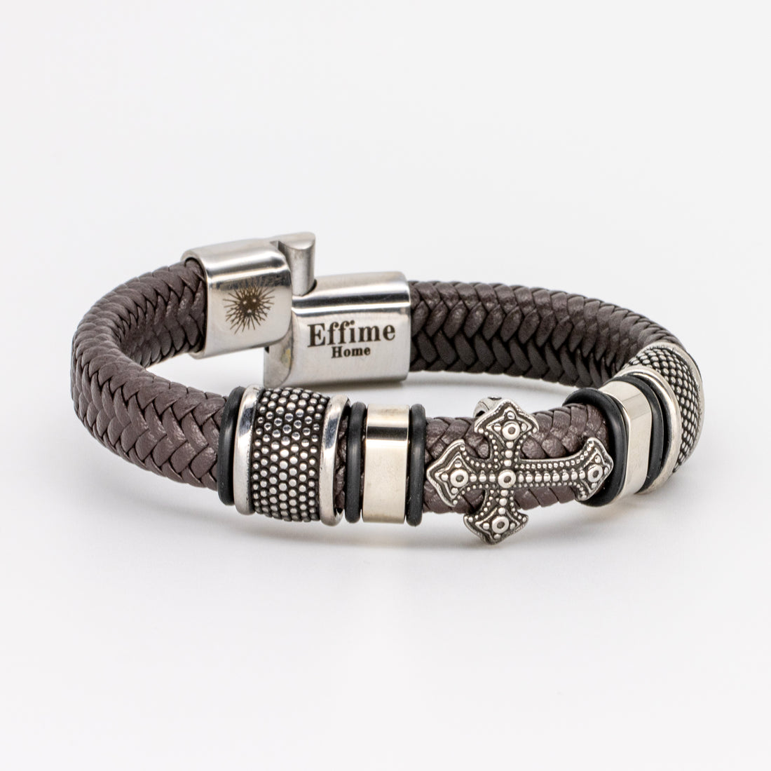Stainless Steel Cross Brown Leather Braid Bracelet
