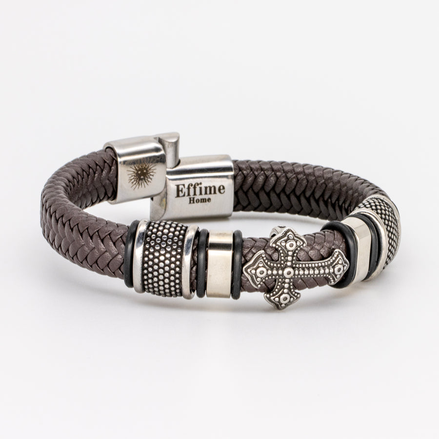 Stainless Steel Cross Brown Leather Braid Bracelet