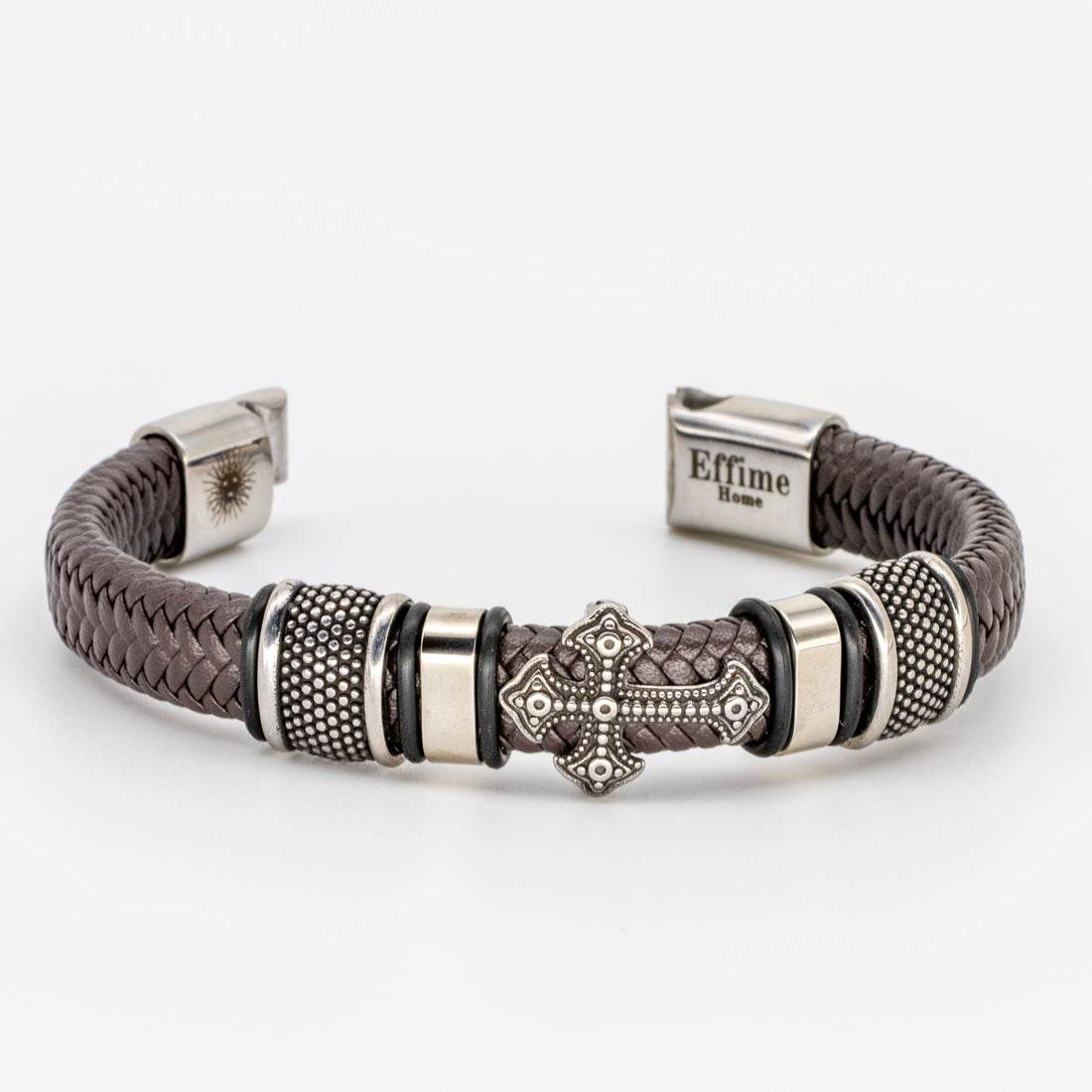 Stainless Steel Cross Brown Leather Braid Bracelet