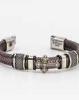 Stainless Steel Cross Brown Leather Braid Bracelet
