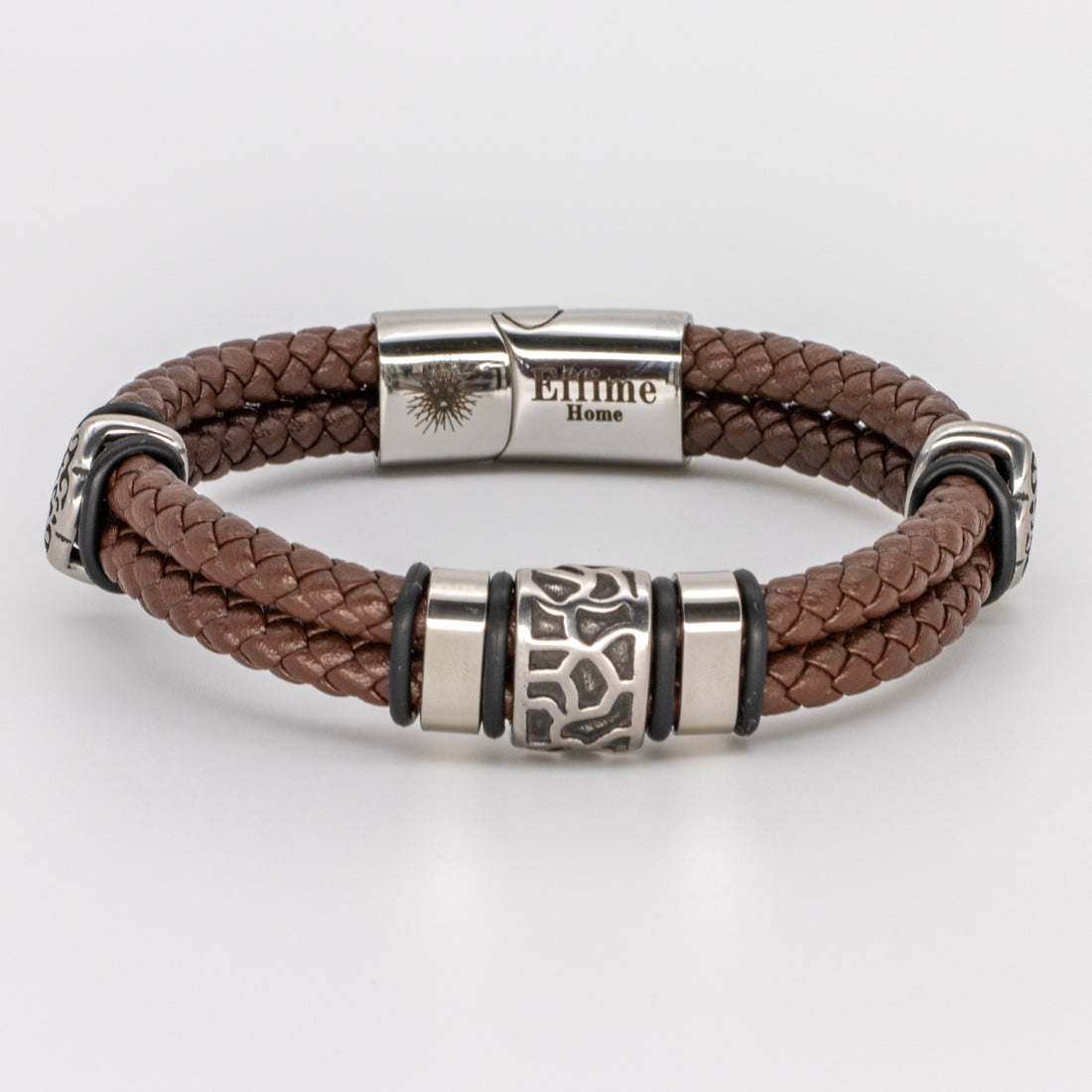 Stainless Steel Cracked Brown Leather Bracelet