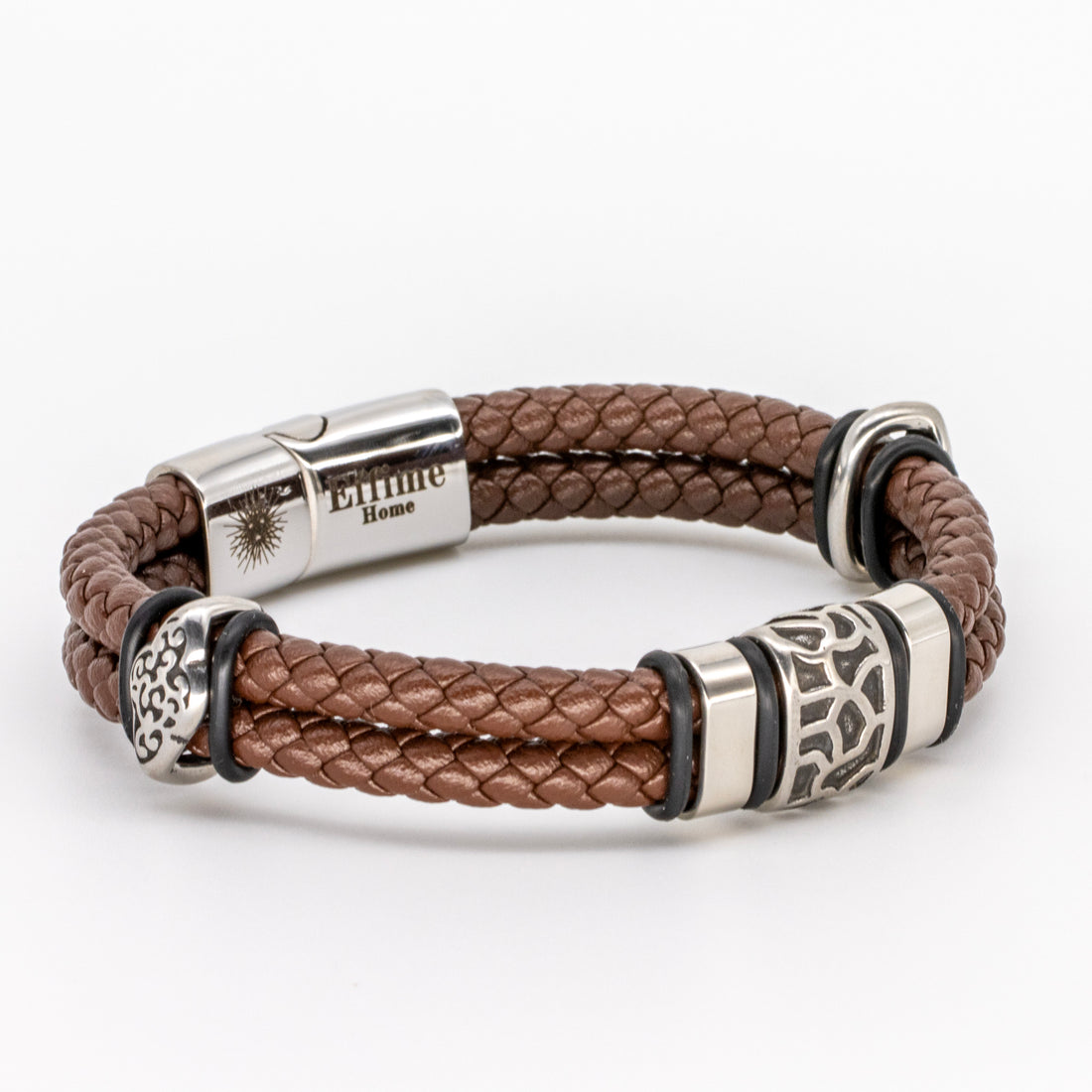Stainless Steel Cracked Brown Leather Bracelet