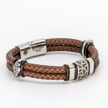 Stainless Steel Cracked Brown Leather Bracelet