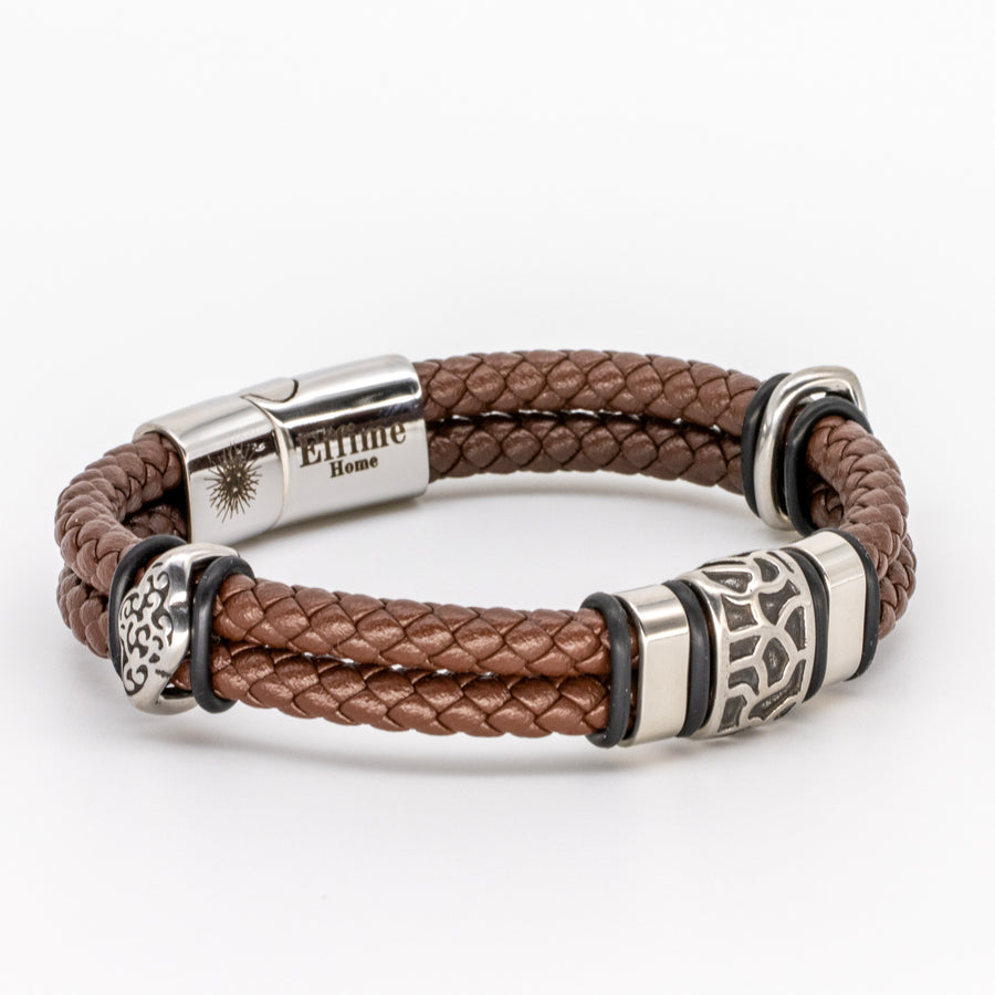 Stainless Steel Cracked Brown Leather Bracelet