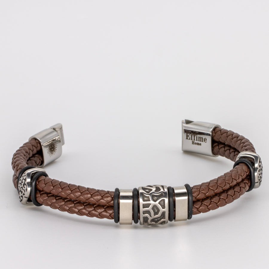 Stainless Steel Cracked Brown Leather Bracelet