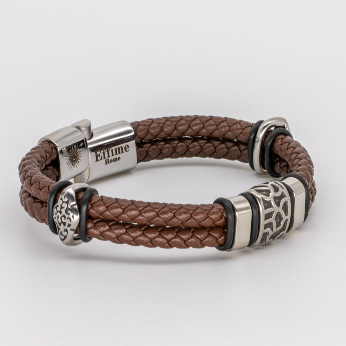Stainless Steel Cracked Brown Leather Bracelet