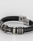 Stainless Steel Cross Black Leather Braid Bracelet