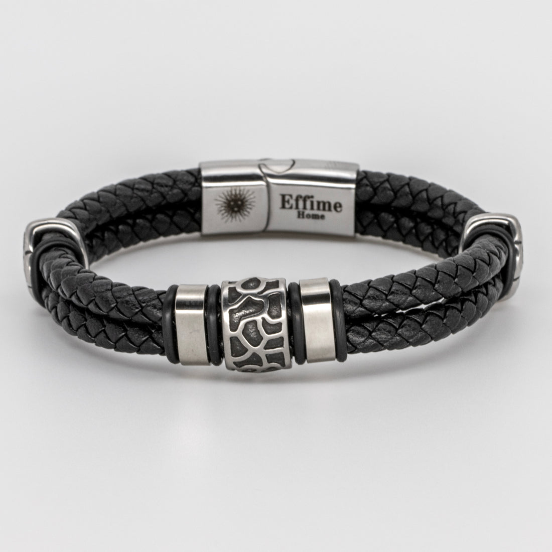 Stainless Steel Cracked Black Leather Bracelet