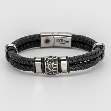 Stainless Steel Cracked Black Leather Bracelet