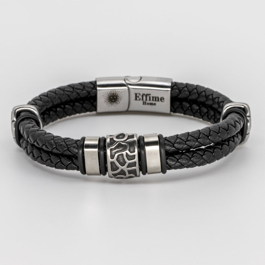 Stainless Steel Cracked Black Leather Bracelet