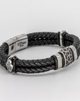 Stainless Steel Cracked Black Leather Bracelet