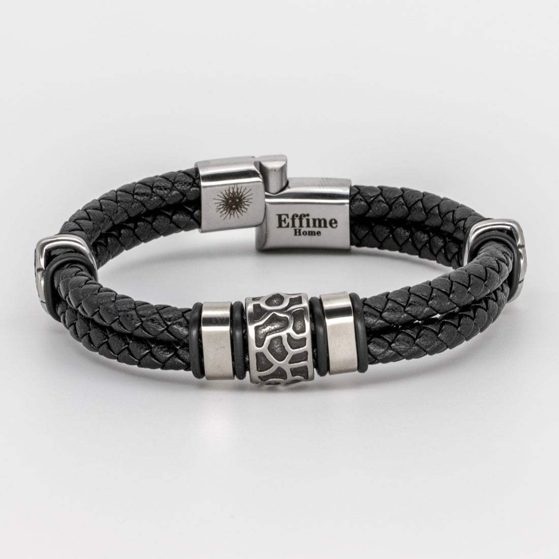 Stainless Steel Cracked Black Leather Bracelet