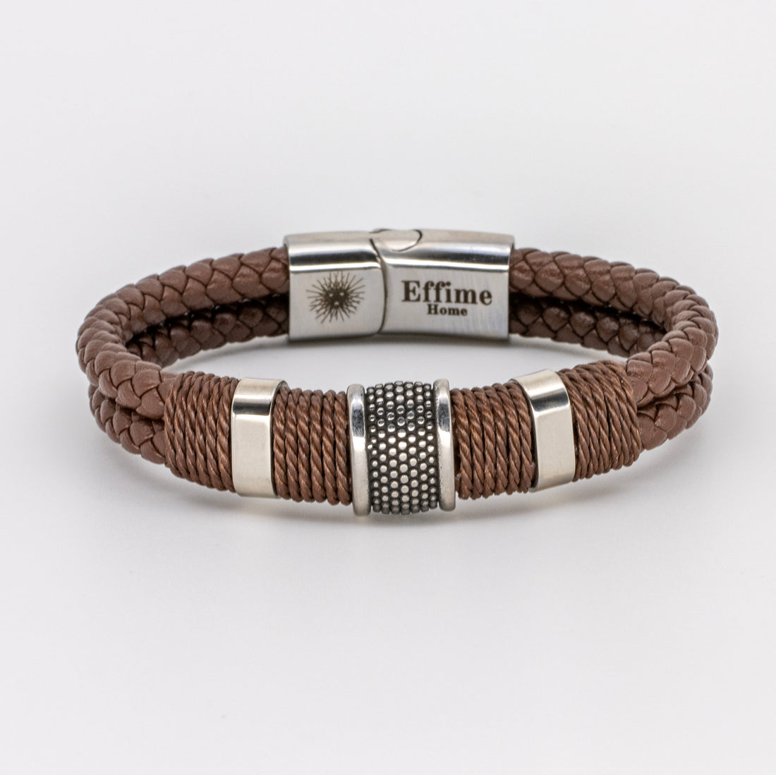 Double Brown Leather Braided Triple Steel Bracelet