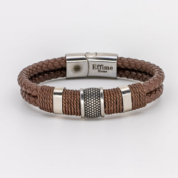 Double Brown Leather Braided Triple Steel Bracelet