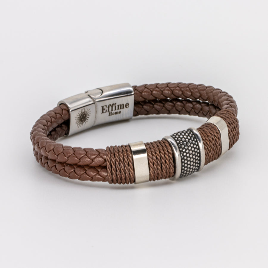 Double Brown Leather Braided Triple Steel Bracelet