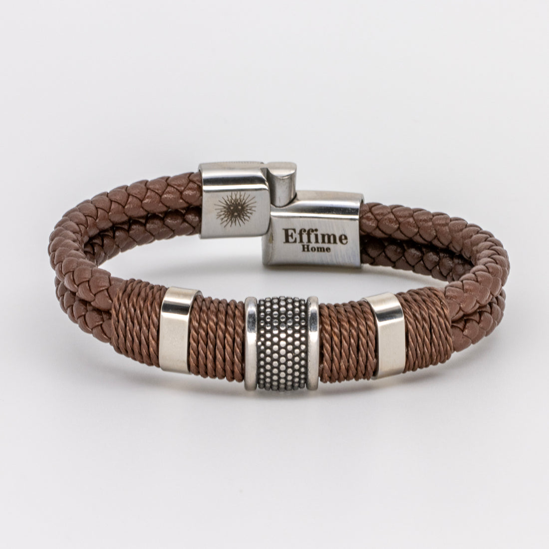 Double Brown Leather Braided Triple Steel Bracelet