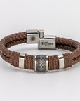 Double Brown Leather Braided Triple Steel Bracelet