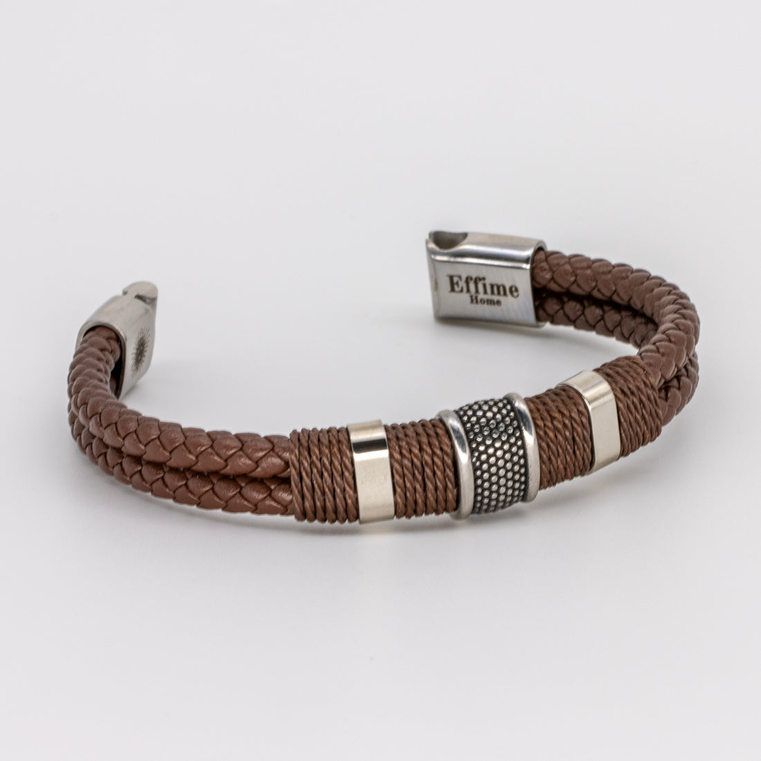 Double Brown Leather Braided Triple Steel Bracelet