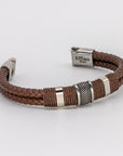Double Brown Leather Braided Triple Steel Bracelet