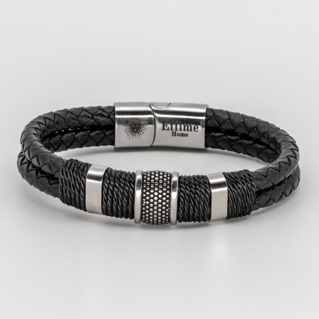 Double Black Leather Braided Triple Steel Bracelet