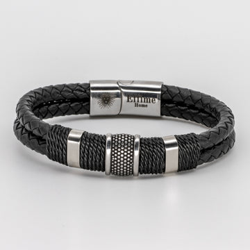 Double Black Leather Braided Triple Steel Bracelet
