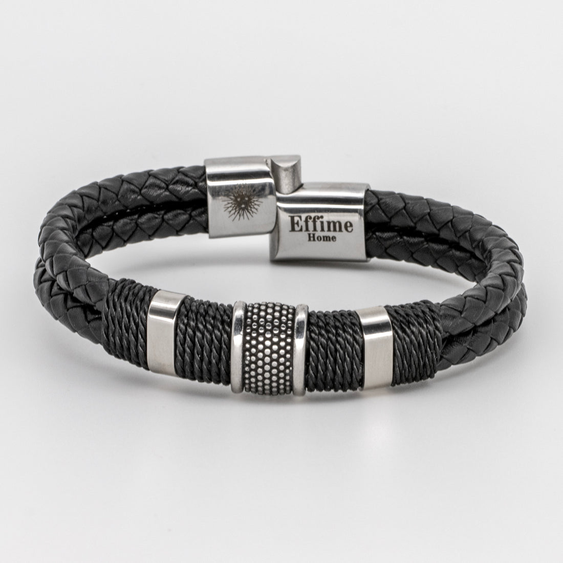 Double Black Leather Braided Triple Steel Bracelet