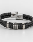 Double Black Leather Braided Triple Steel Bracelet