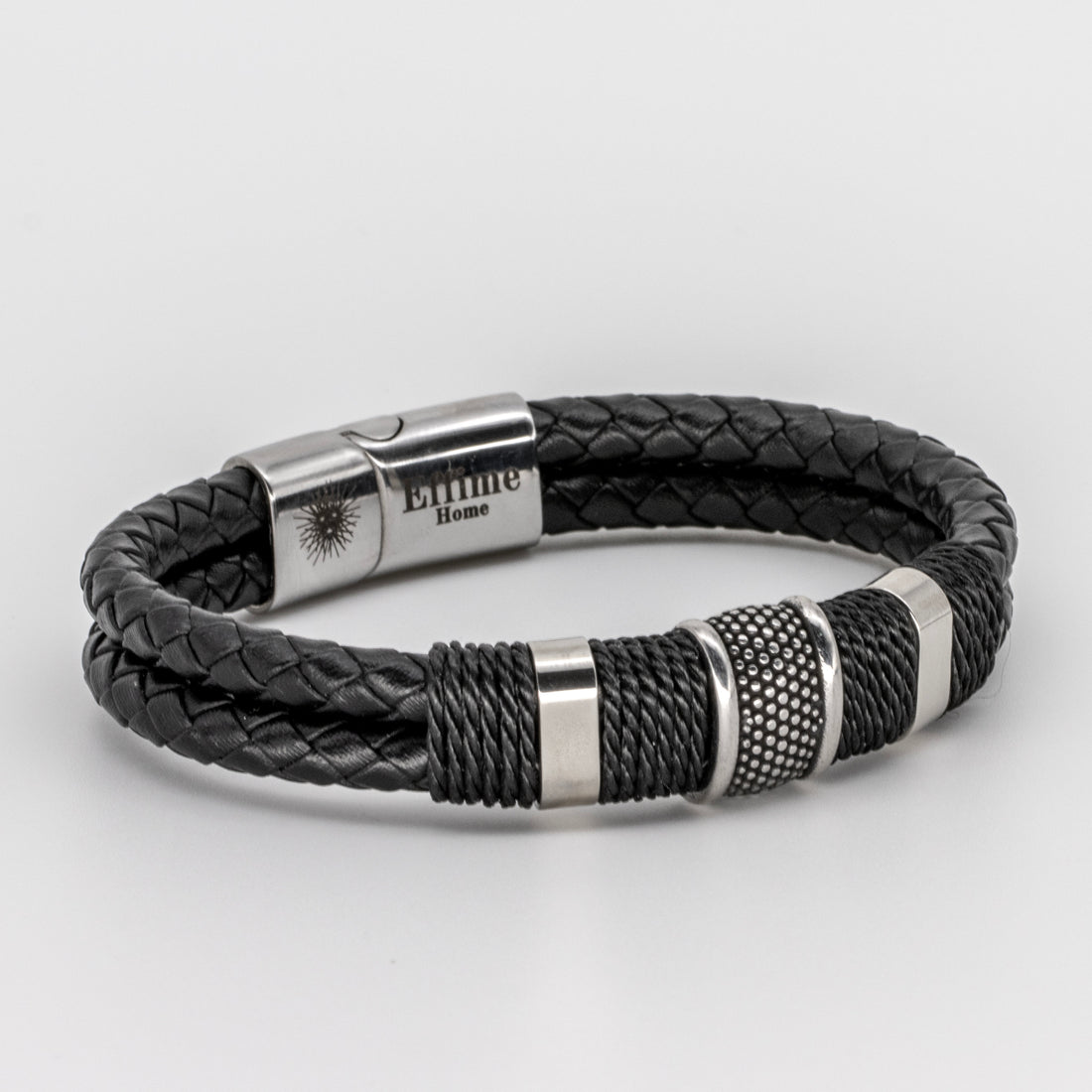 Double Black Leather Braided Triple Steel Bracelet