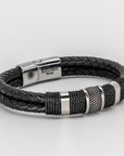 Double Black Leather Braided Triple Steel Bracelet