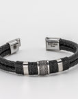 Double Black Leather Braided Triple Steel Bracelet