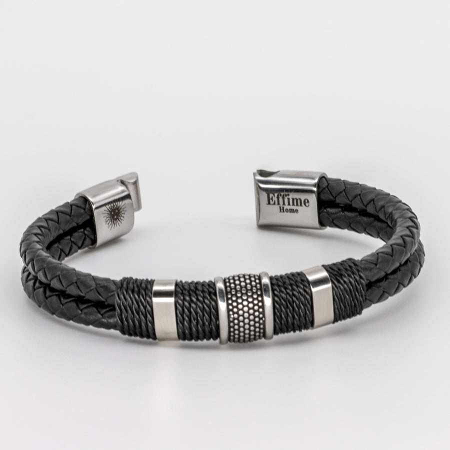 Double Black Leather Braided Triple Steel Bracelet