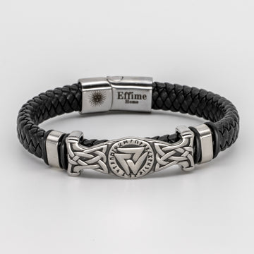 Valknut Bracelet Stainless Steel Black Braid Leather