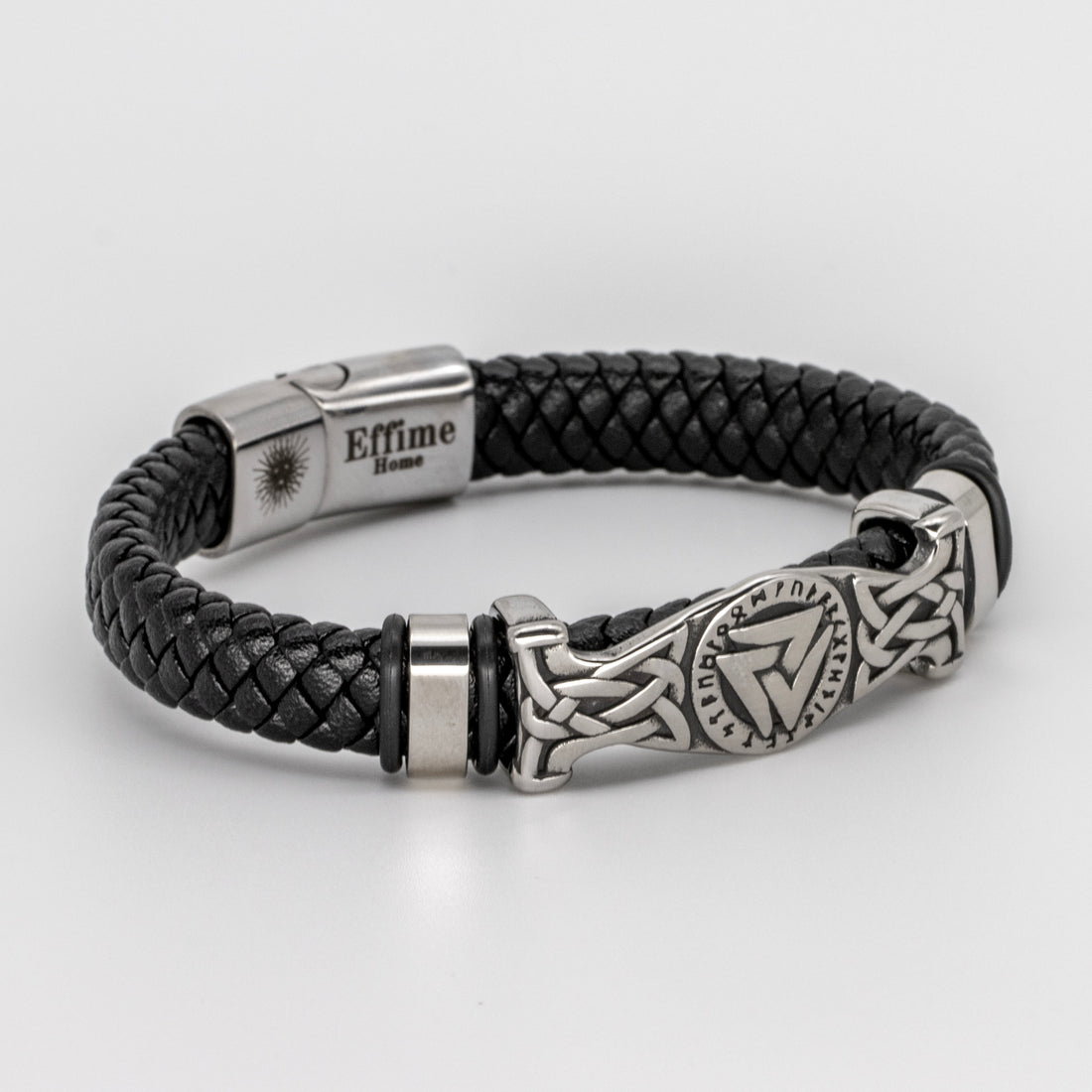 Valknut Bracelet Stainless Steel Black Braid Leather