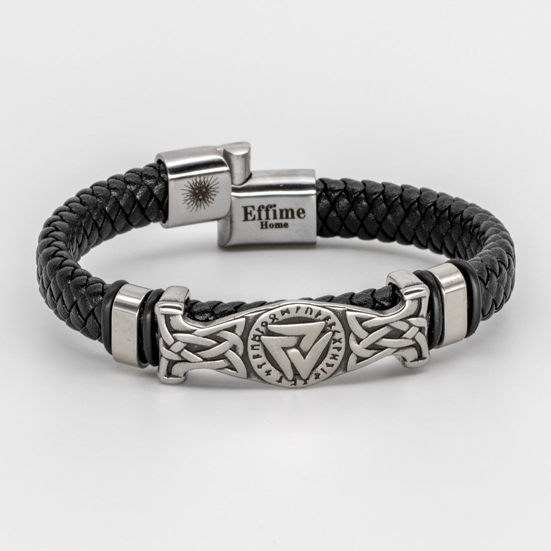 Valknut Bracelet Stainless Steel Black Braid Leather