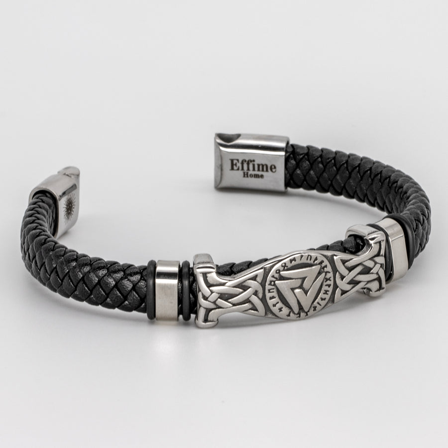 Valknut Bracelet Stainless Steel Black Braid Leather