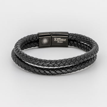 Double Black Leather Braided Bracelet