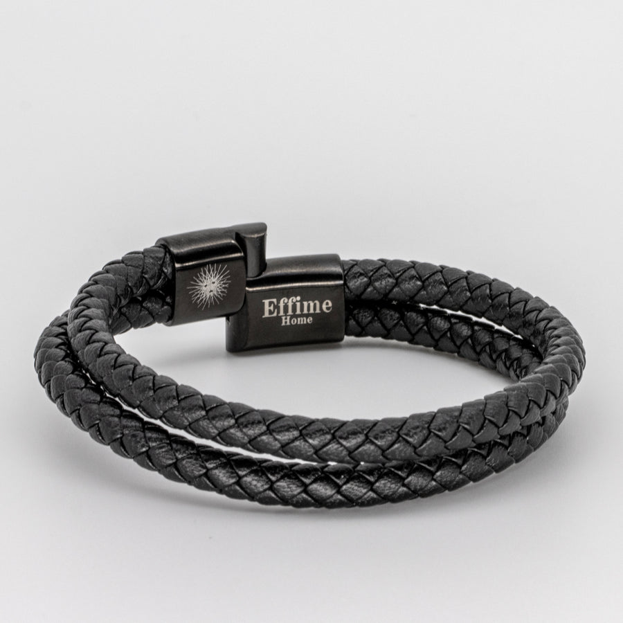 Double Black Leather Braided Bracelet