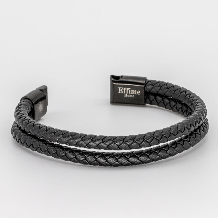 Double Black Leather Braided Bracelet