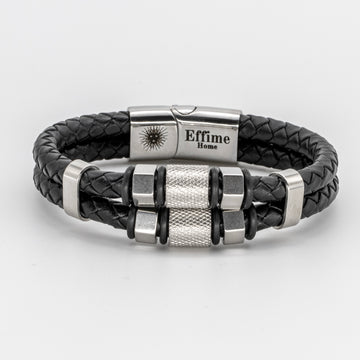 Black Stainless Steel Hexagon Leather Bracelet