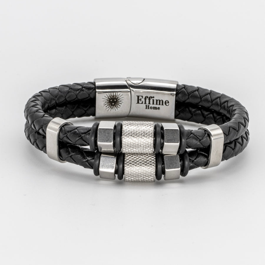 Black Stainless Steel Hexagon Leather Bracelet